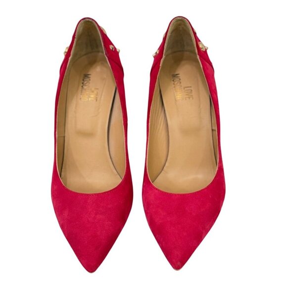 Love Moschino Red Suede Stiletto Pumps Gold Studs Heart 4" Heels Size 41 / US 11 - Picture 4 of 15